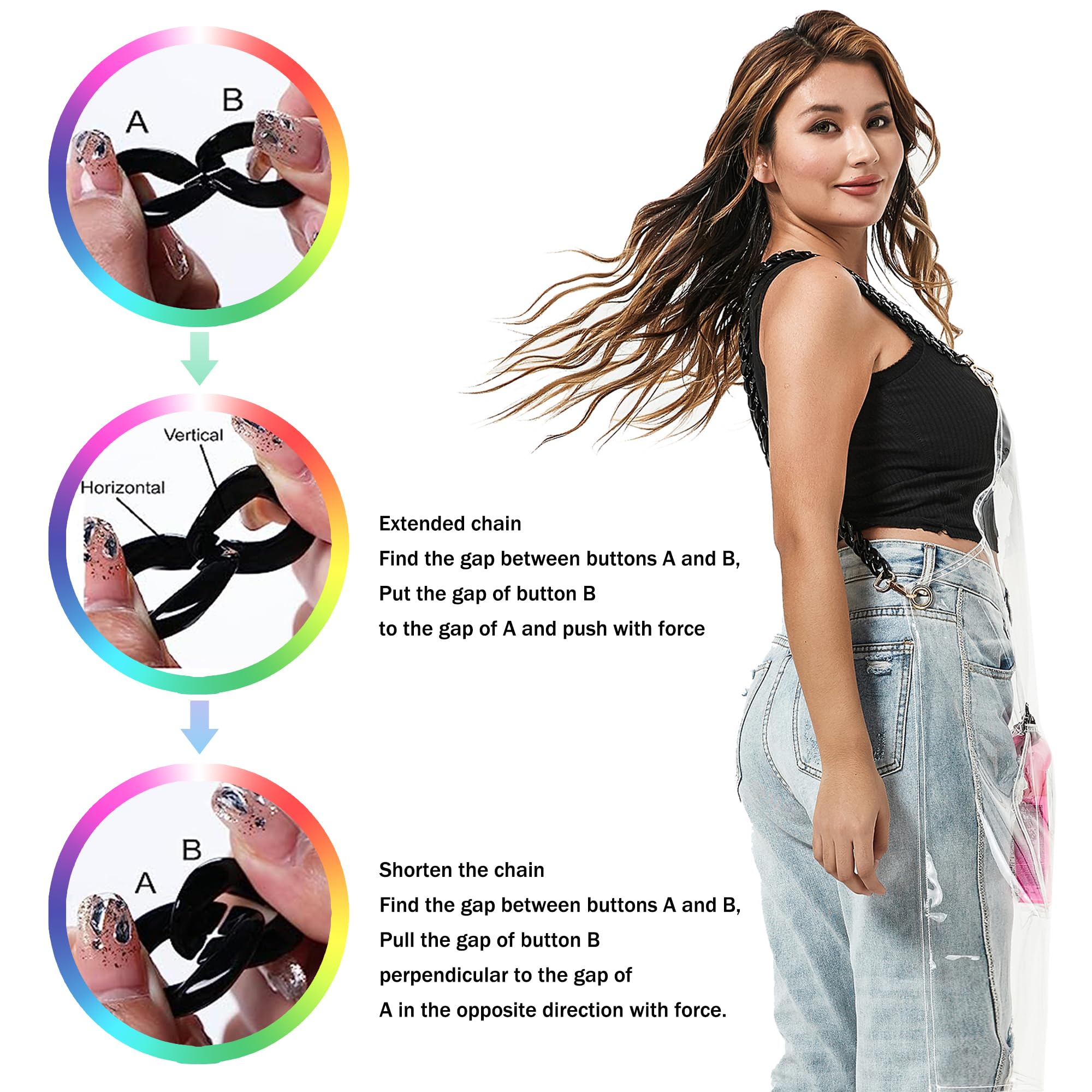 Delantal transparente MIKI WELL con cadena trasera cruzada ajustable para comodidad.