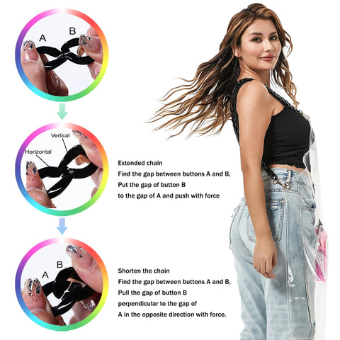 Delantal transparente MIKI WELL con cadena trasera cruzada ajustable para comodidad.