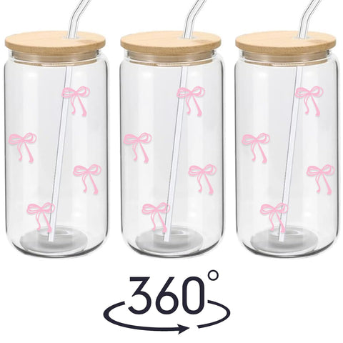 Vaso de vidrio Mikopei Coqueta rosa con pajilla reutilizable para bebidas frías.