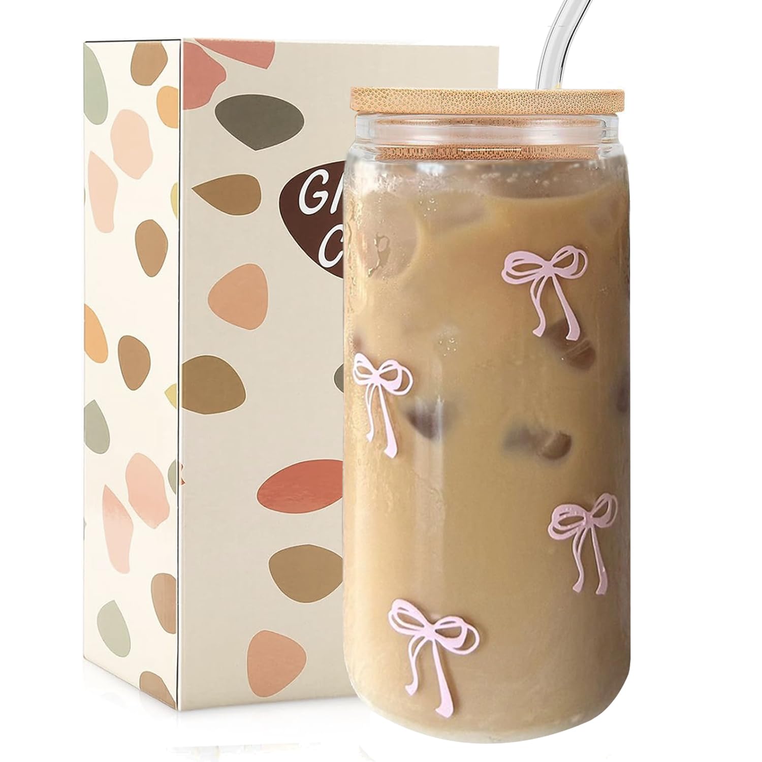 Vaso de vidrio Mikopei Coqueta rosa con lazo y tapa para bebidas.