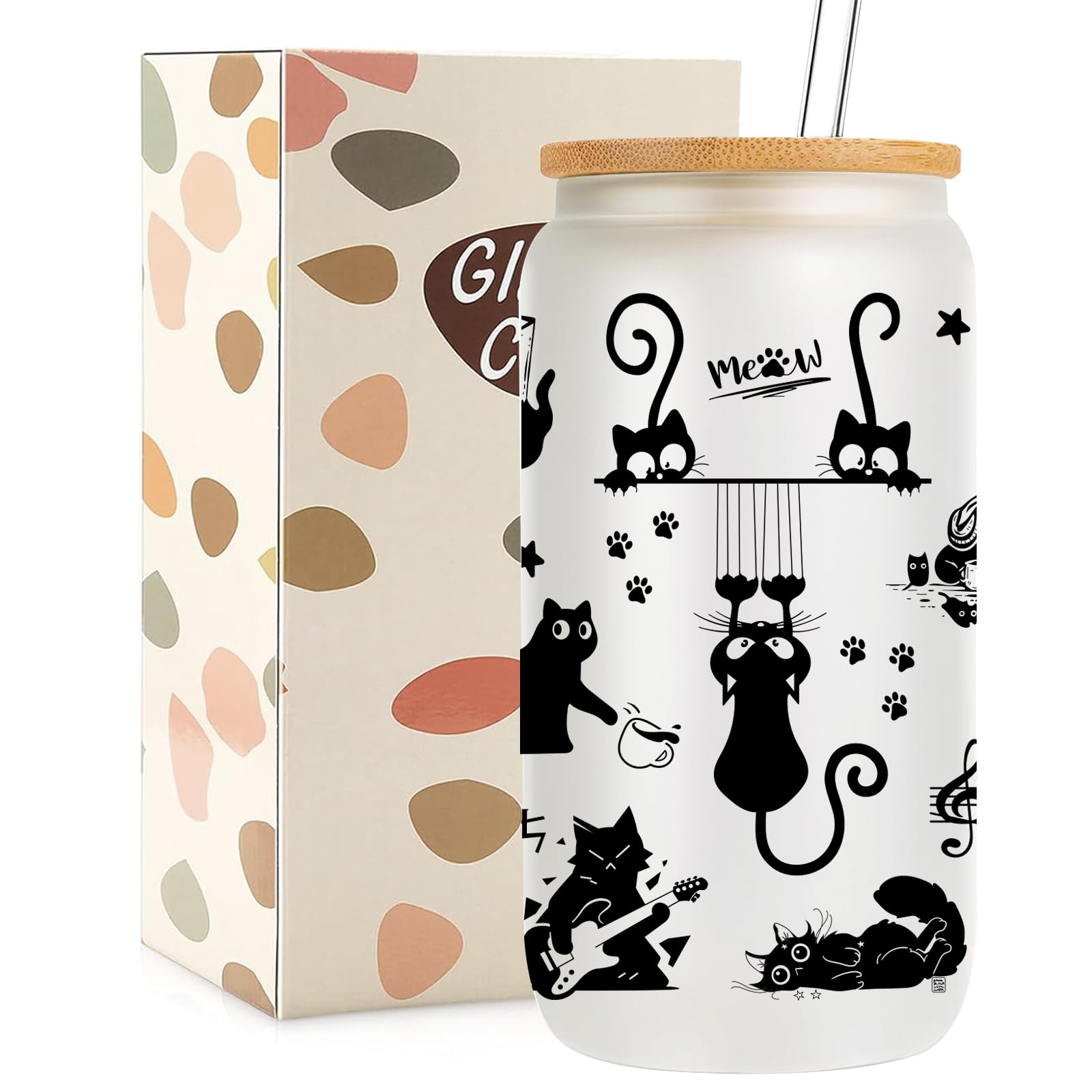Vaso Mikopei con gatos negros y tapa, perfecto para café helado.