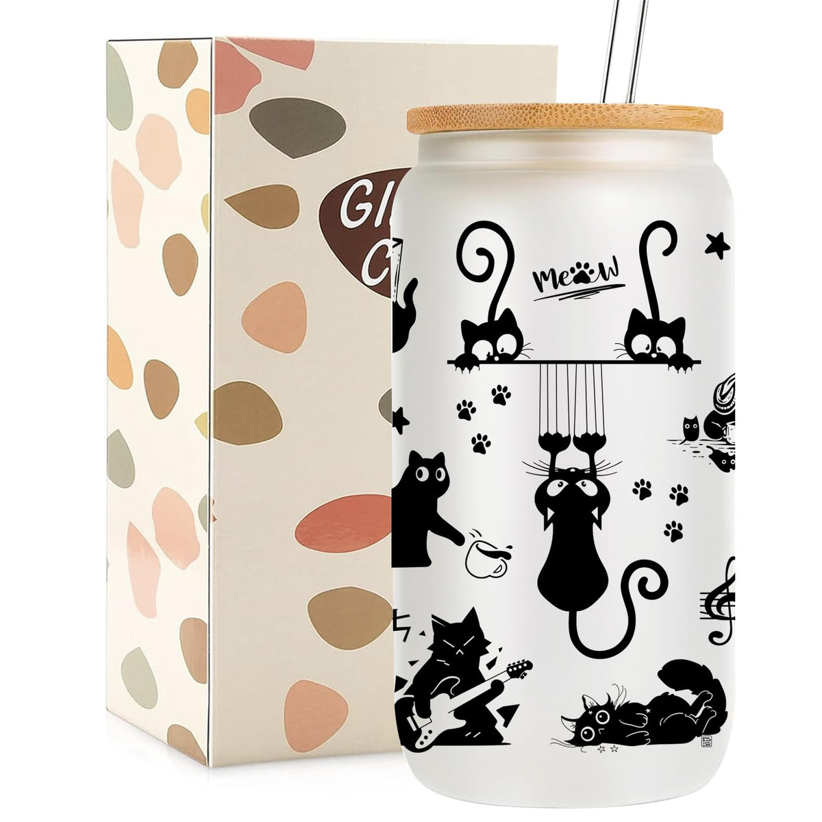 Vaso Mikopei con gatos negros y tapa, perfecto para café helado.
