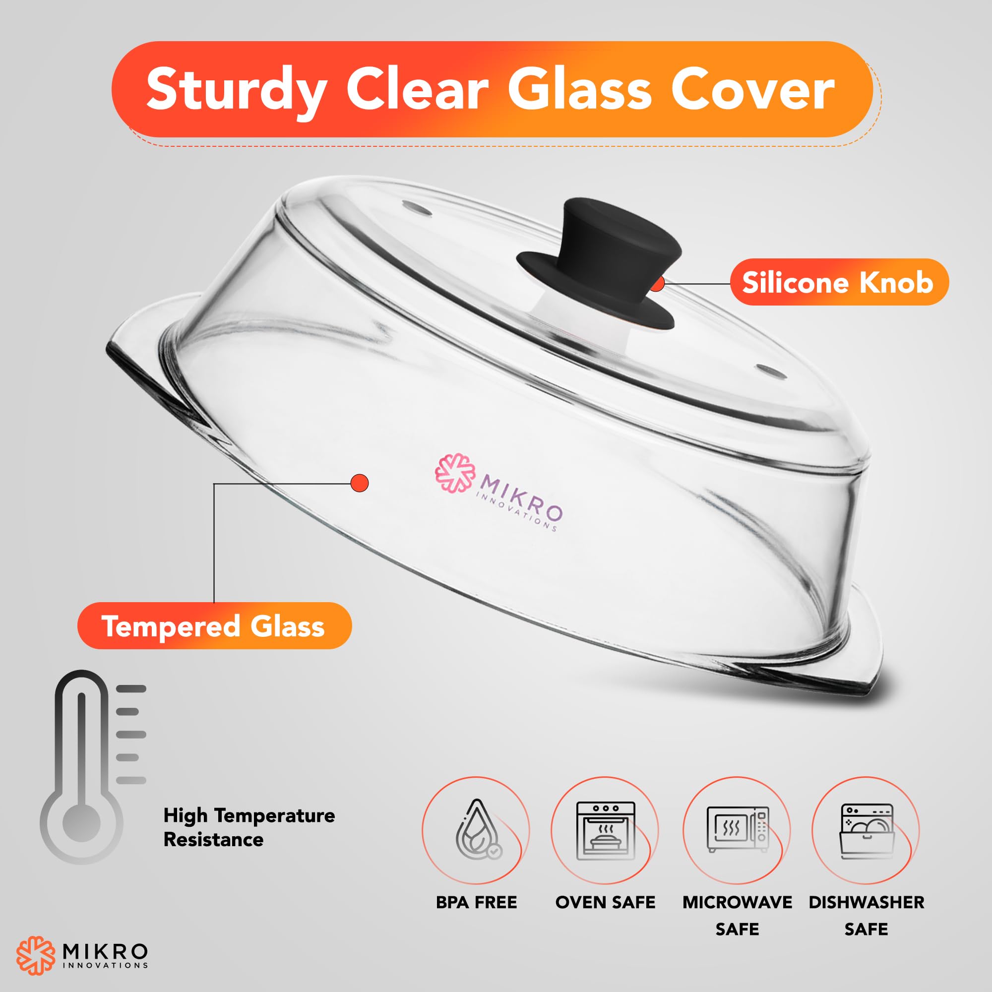 Tapa de cristal borosilicato Mikro Innovations, resistente y segura para uso diario.