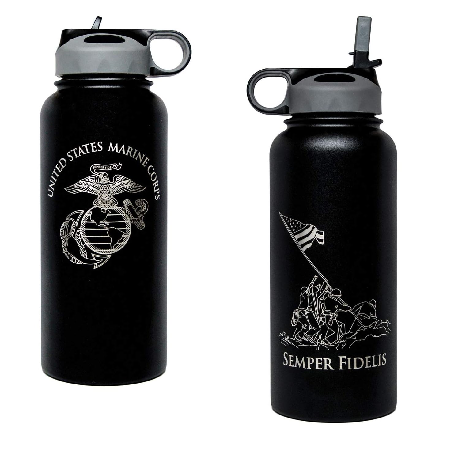 Military Gift Shop USMC botella frente, grabado permanente y uso diario seguro.