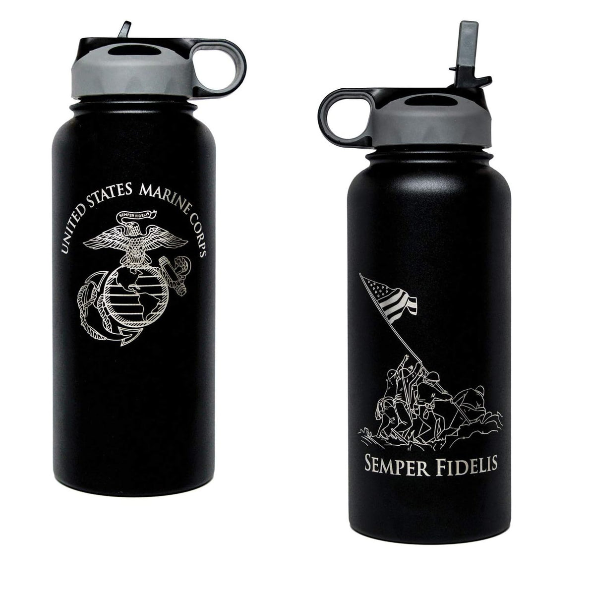 Military Gift Shop USMC botella frente, grabado permanente y uso diario seguro.