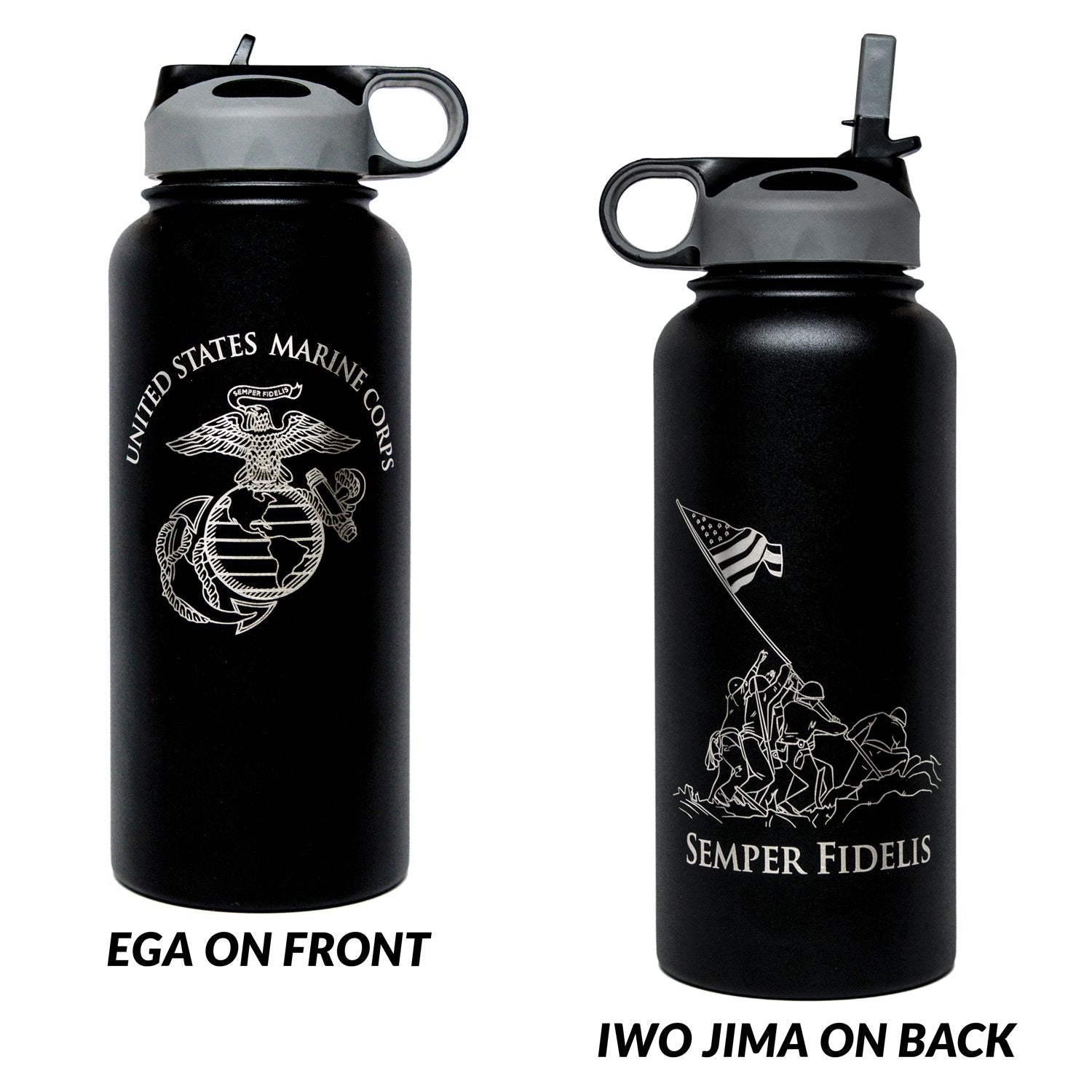 Military Gift Shop USMC botella trasera, diseño emblemático para orgullo y colección.