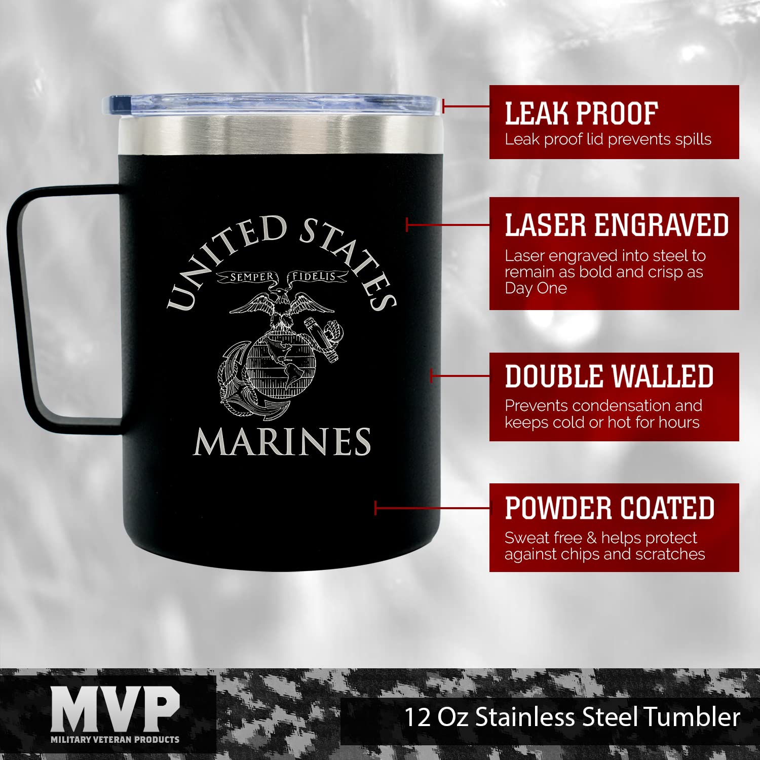 Taza USMC grabada con láser, logotipo claro y duradero.