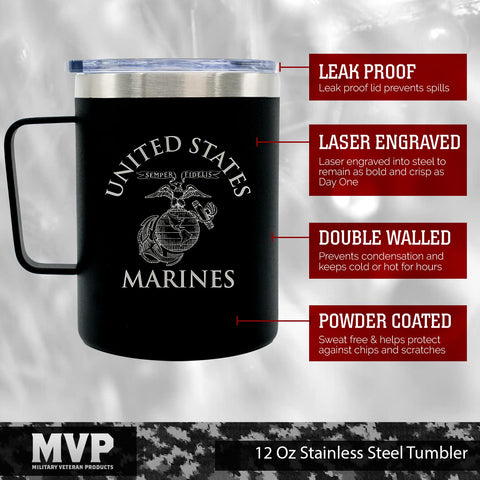 Taza USMC grabada con láser, logotipo claro y duradero.