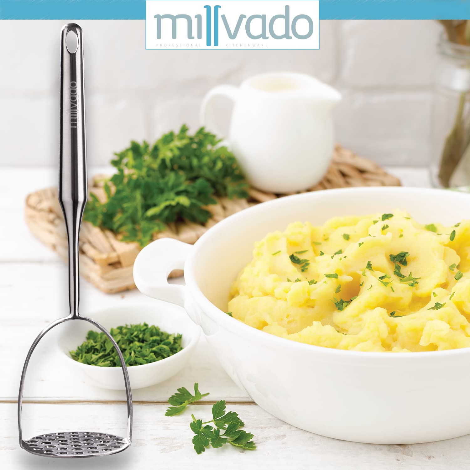 Millvado aplastador con agujero para colgar, almacenamiento práctico.