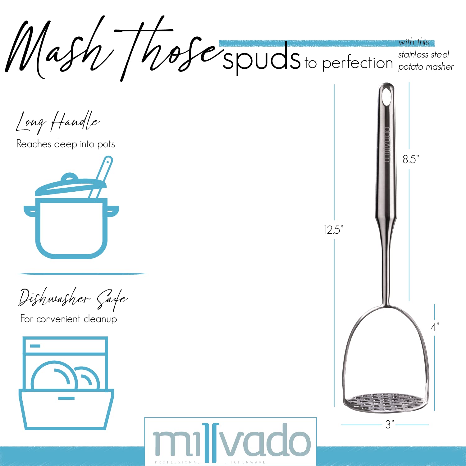 Millvado aplastador para frijoles y huevos, textura uniforme en cada preparación.