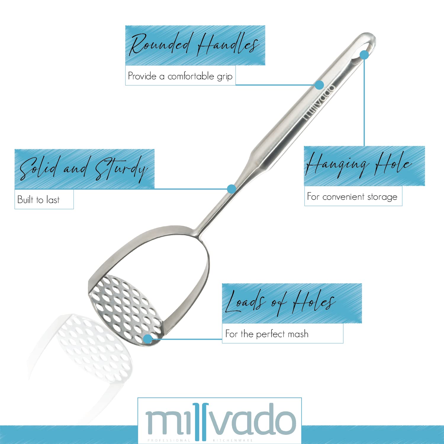 Millvado aplastador para frutas y verduras, uso versátil en purés y mezclas.