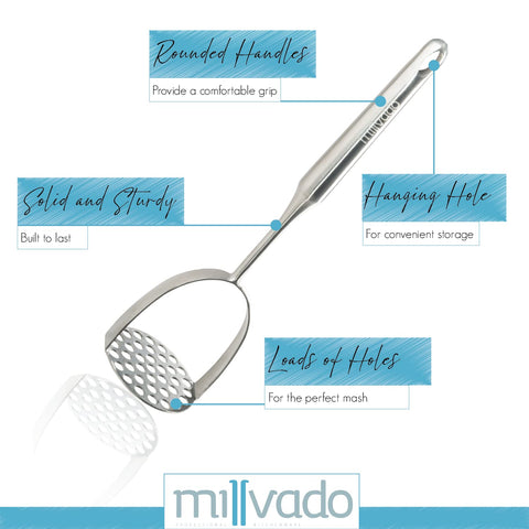 Millvado aplastador para frutas y verduras, uso versátil en purés y mezclas.