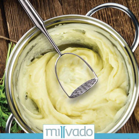 Millvado aplastador con mango ergonómico y redondeado, agarre cómodo.