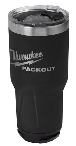 Milwaukee Packout 890 ml negro, vista frontal con gran capacidad para bebidas.