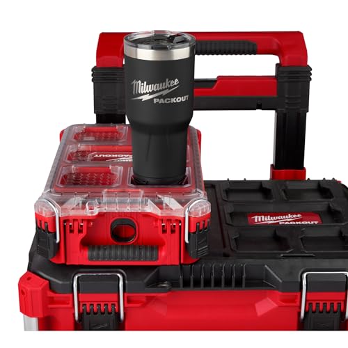 Milwaukee Packout 890 ml negro, tapa magnética para acceso rápido y sello seguro.