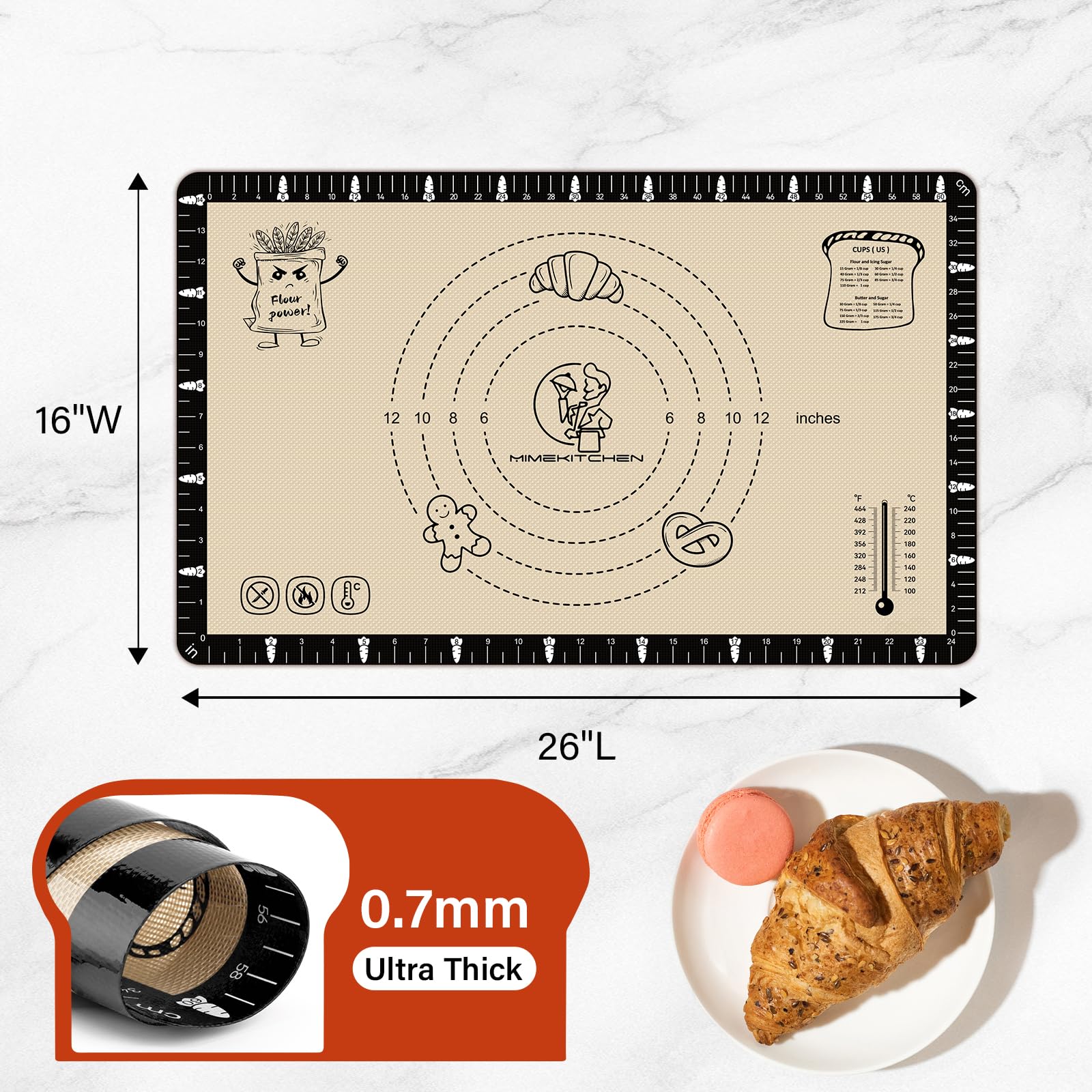 La Alfombra Mimekitchen hornea pizza con marcas de medición integradas.