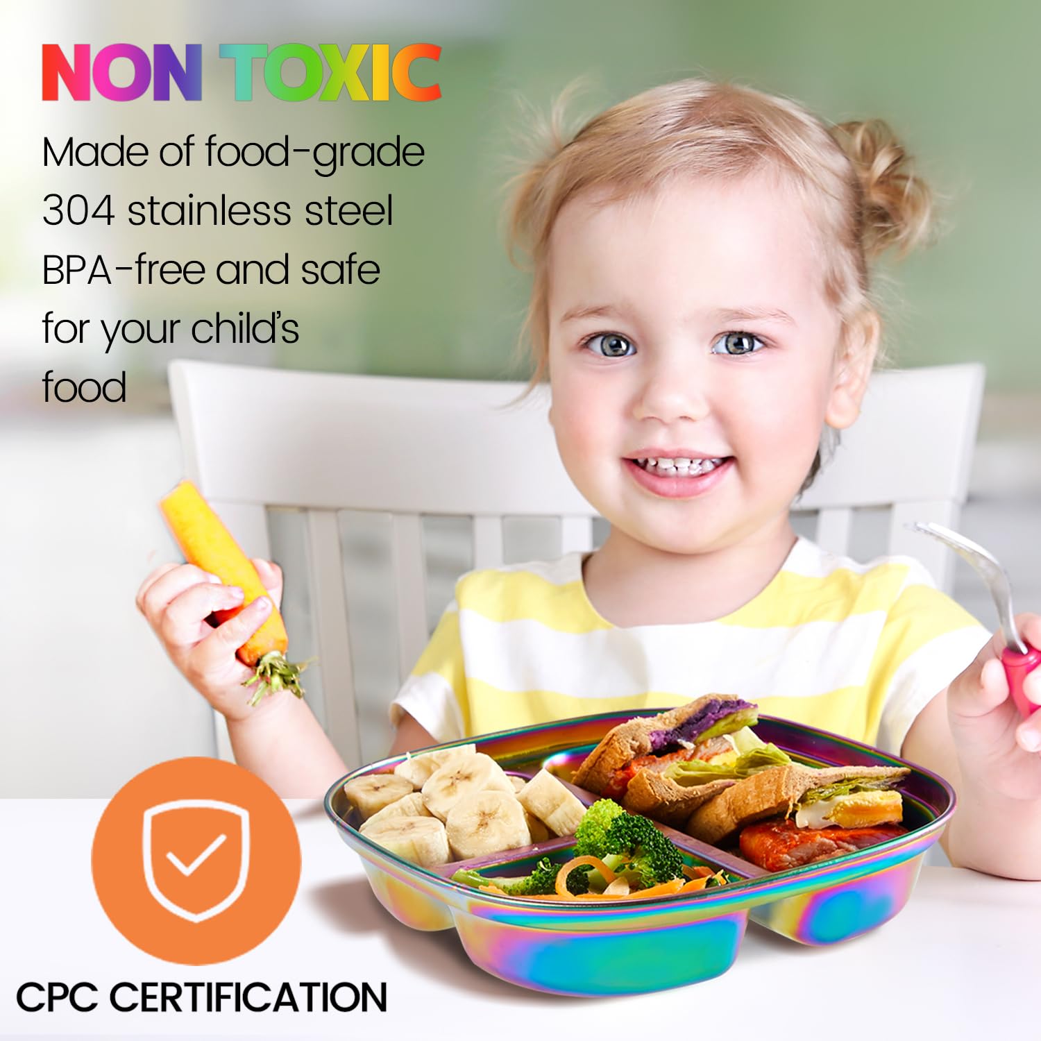 Plato infantil dividido MIMORE con 3 compartimentos para comidas balanceadas.