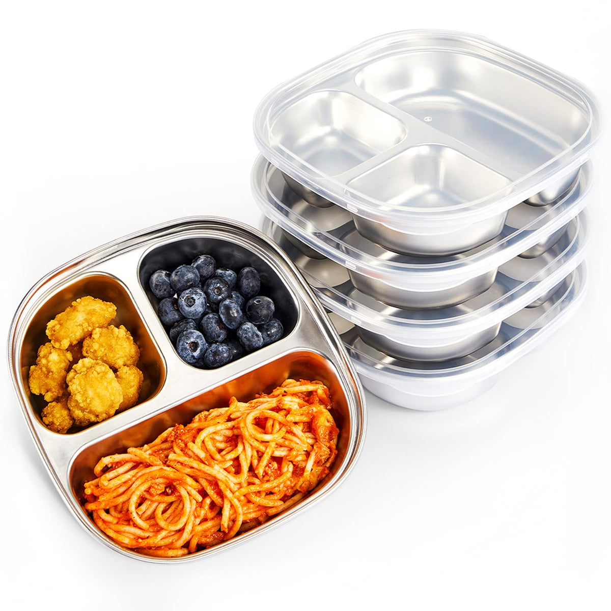 Plato infantil MIMORE de acero inoxidable con tapas, juego de 5 piezas para comidas seguras.