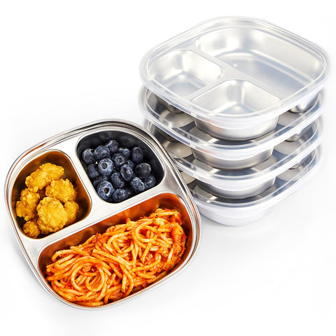 Plato infantil MIMORE de acero inoxidable con tapas, juego de 5 piezas para comidas seguras.