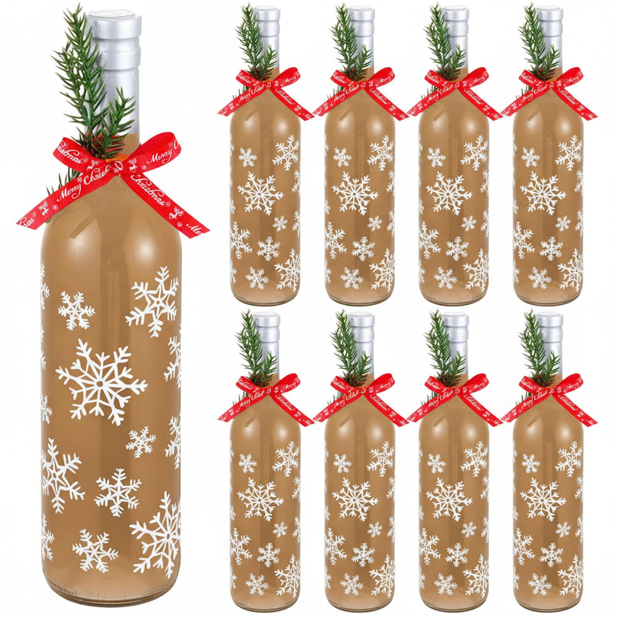 Set Mimorou de botellas de cristal navideñas para servir coquito.