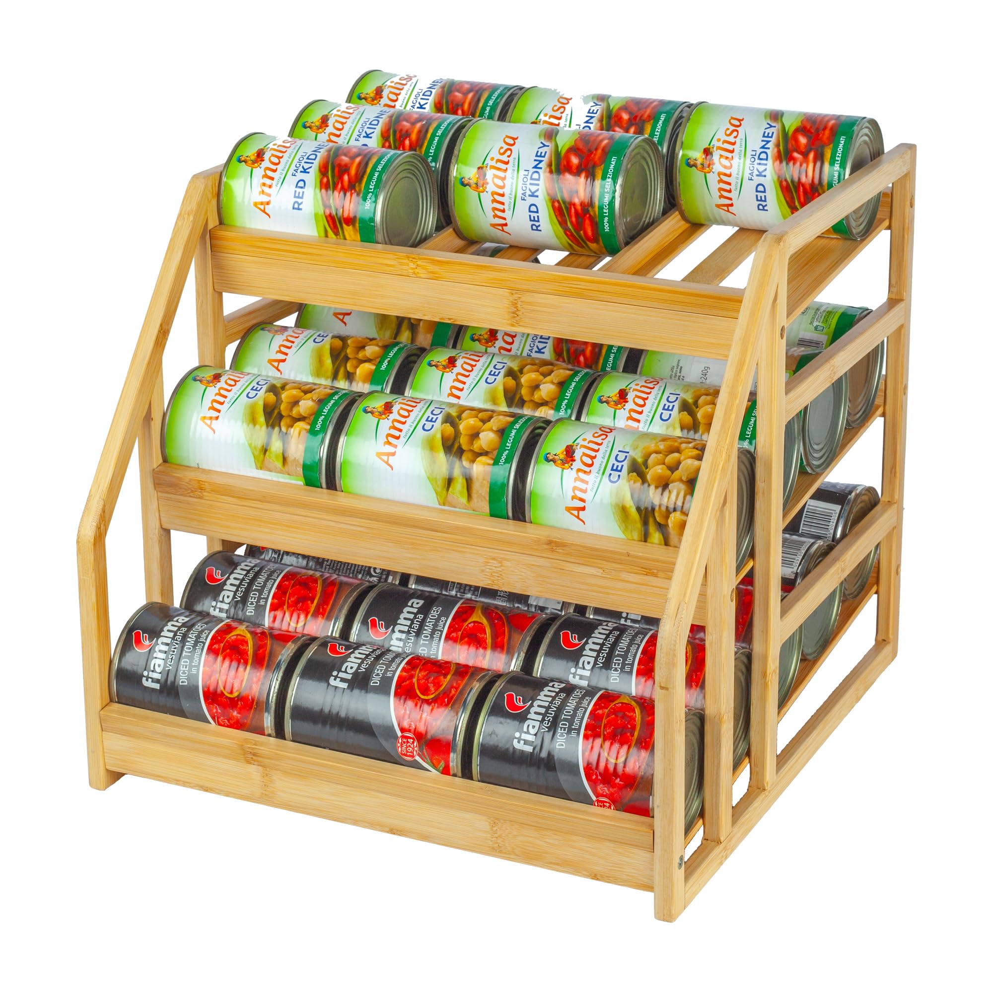 MinBoo organizador de latas en vista frontal, fácil acceso a 36 latas de 15 oz.