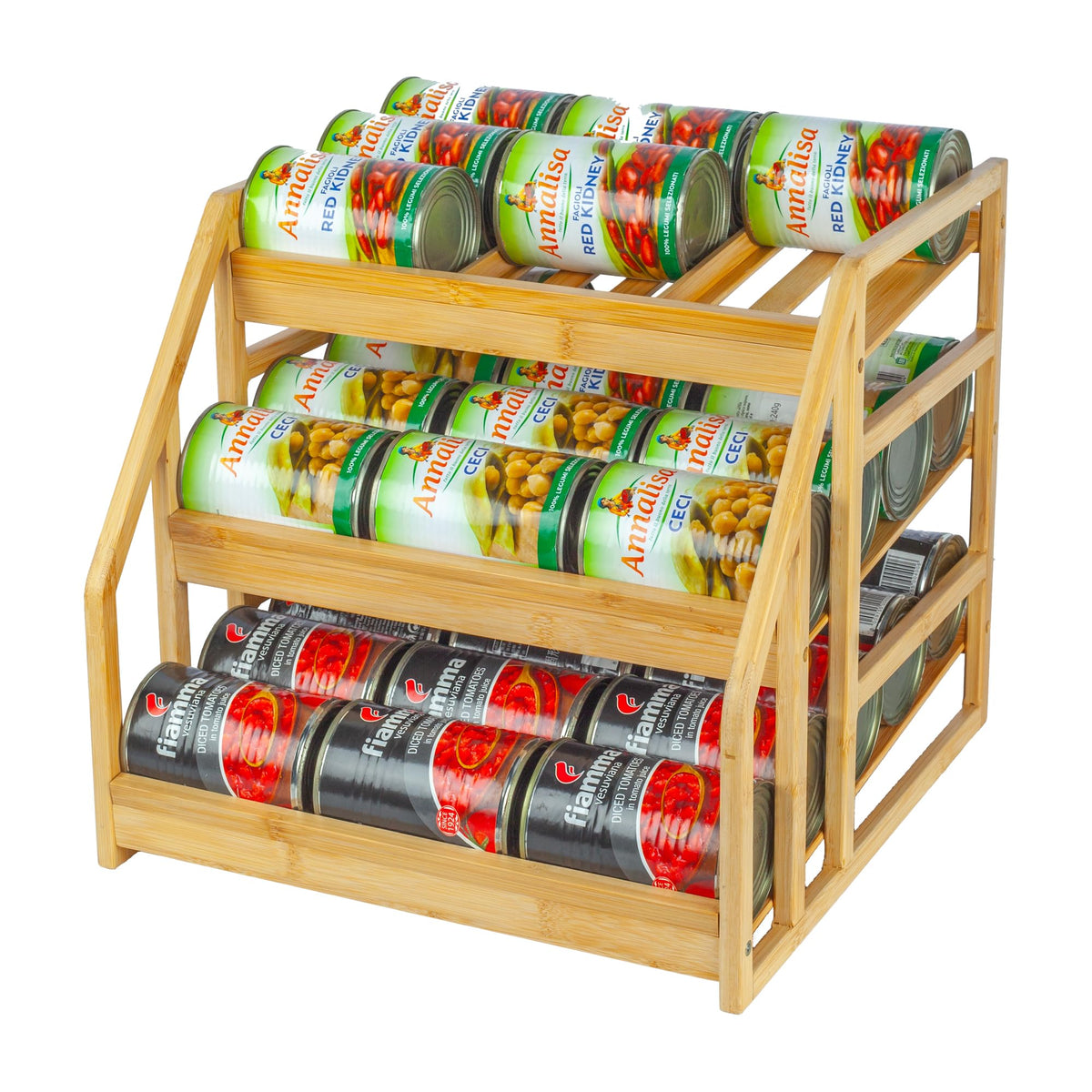 MinBoo organizador de latas en vista frontal, fácil acceso a 36 latas de 15 oz.
