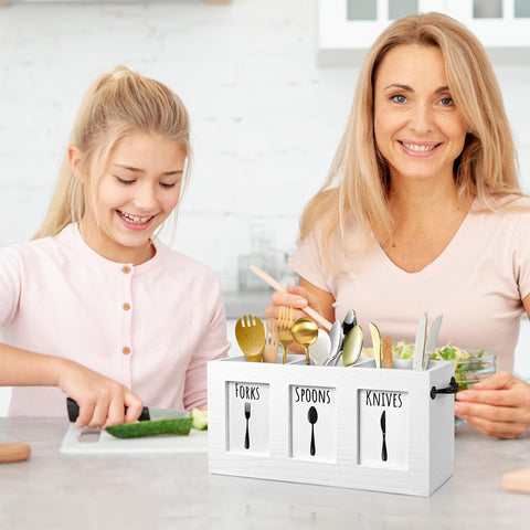 MINCORD organizador de cubiertos de madera blanco, práctico para mesa con estilo rústico.