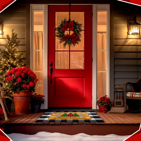 Mindsoft alfombrilla árbol navideño de cuadros rojos y negros, aporta ambiente festivo a la puerta.