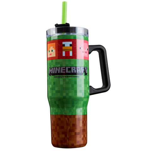 Minecraft botellón aislado con manija ergonómica para hidratar en clase o juego.
