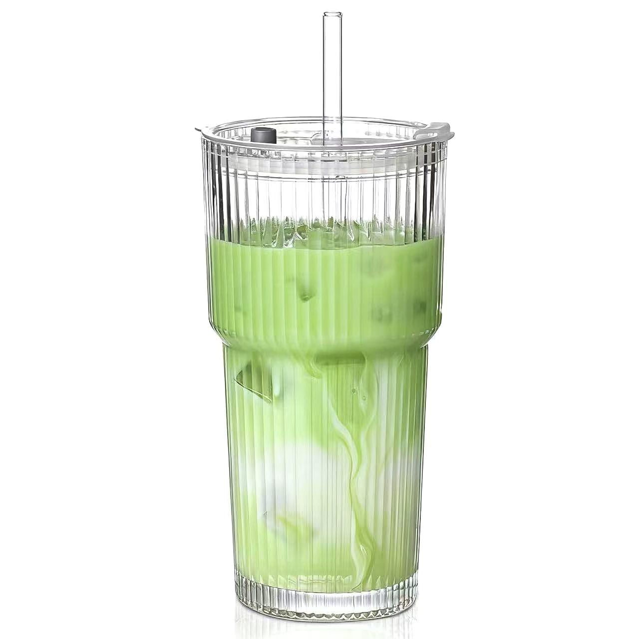 Vaso de vidrio MINGHYZYA 20oz con ribbed acanalado, ideal para bebidas frías.