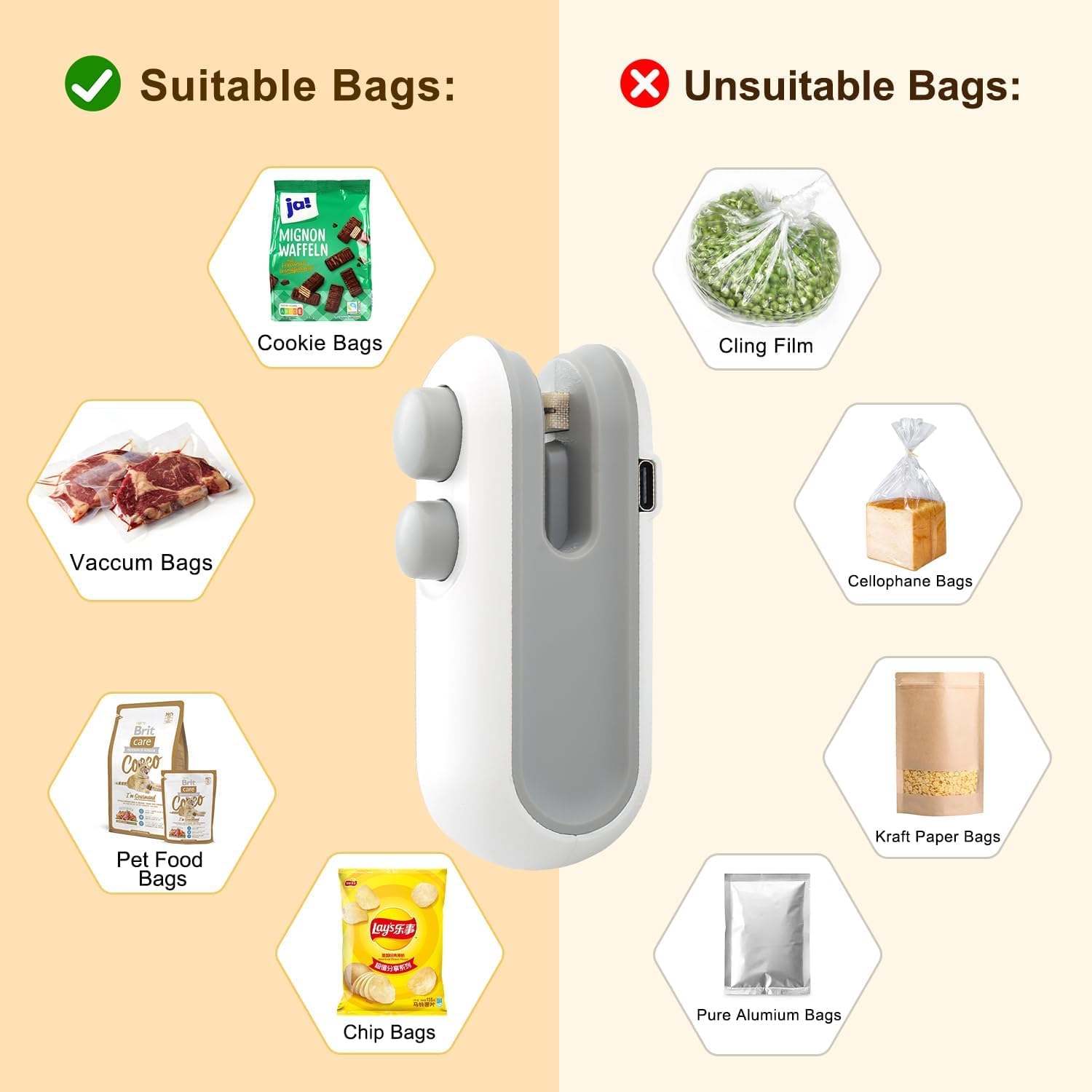 Mini sellador de bolsas con cortador e imán cortando una bolsa