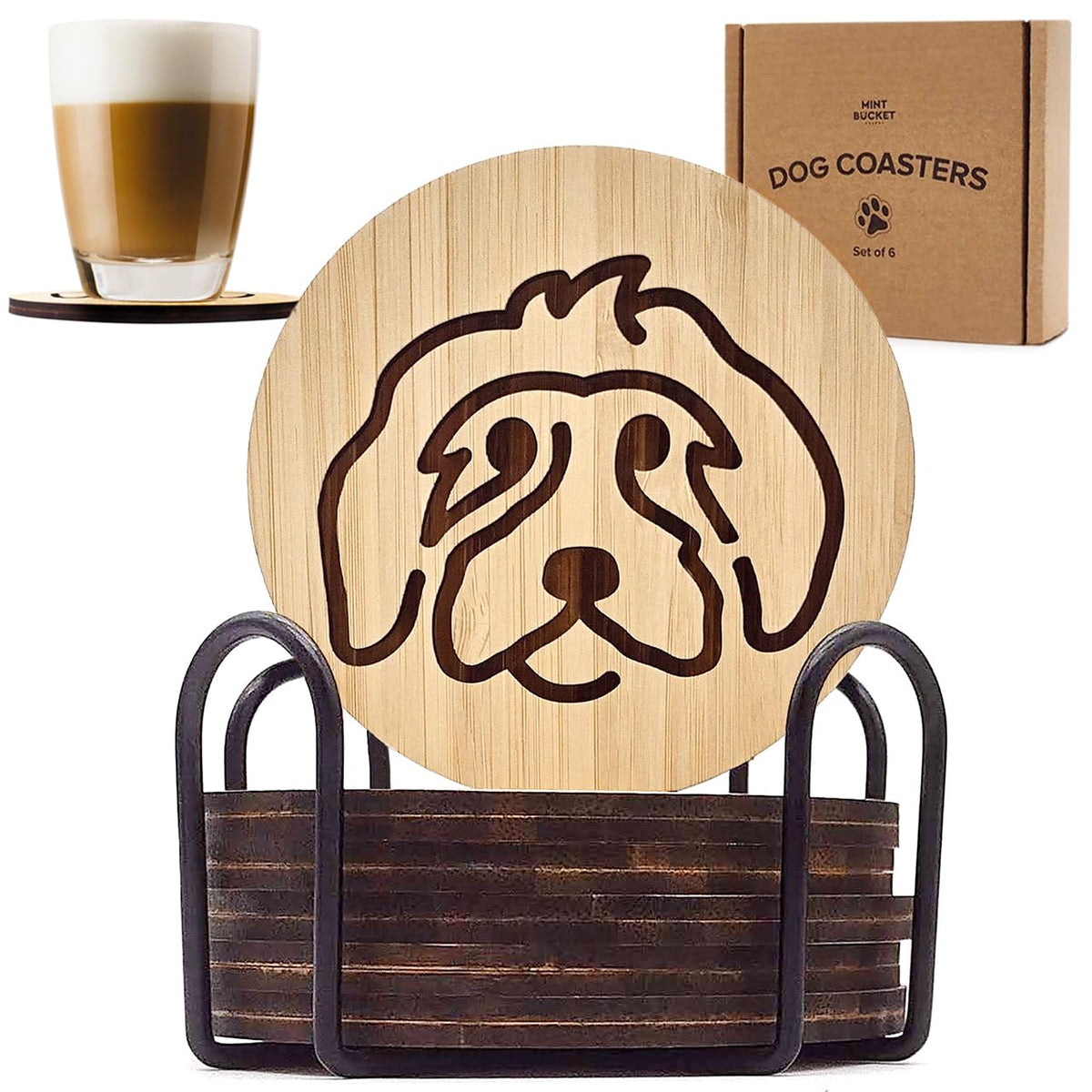 Mint Bucket Brands posavasos de bambú con cara de perro láser: protege superficies.