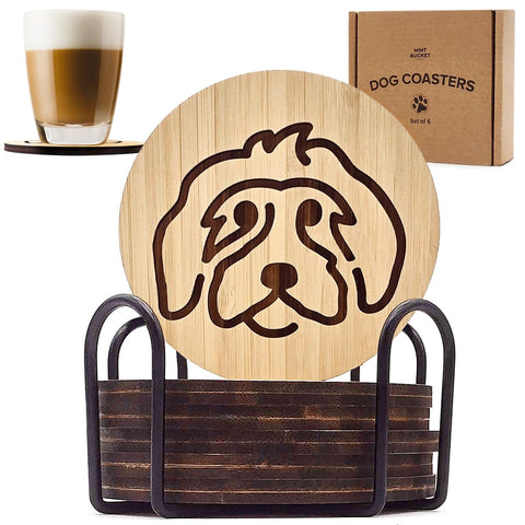 Mint Bucket Brands posavasos de bambú con cara de perro láser: protege superficies.