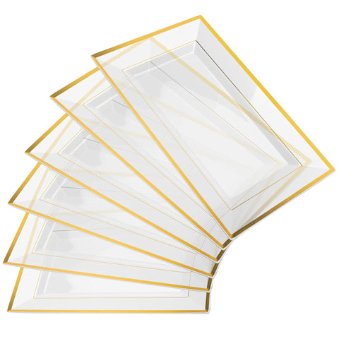 Mint Living bandejas desechables de cristal con borde dorado, ideales para aperitivos.