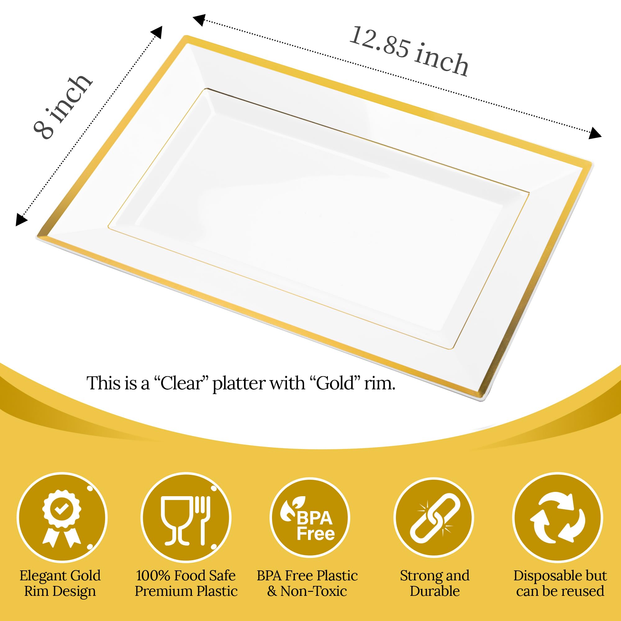 Mint Living platos desechables cristal borde dorado, 8x13, elegancia sin esfuerzo.