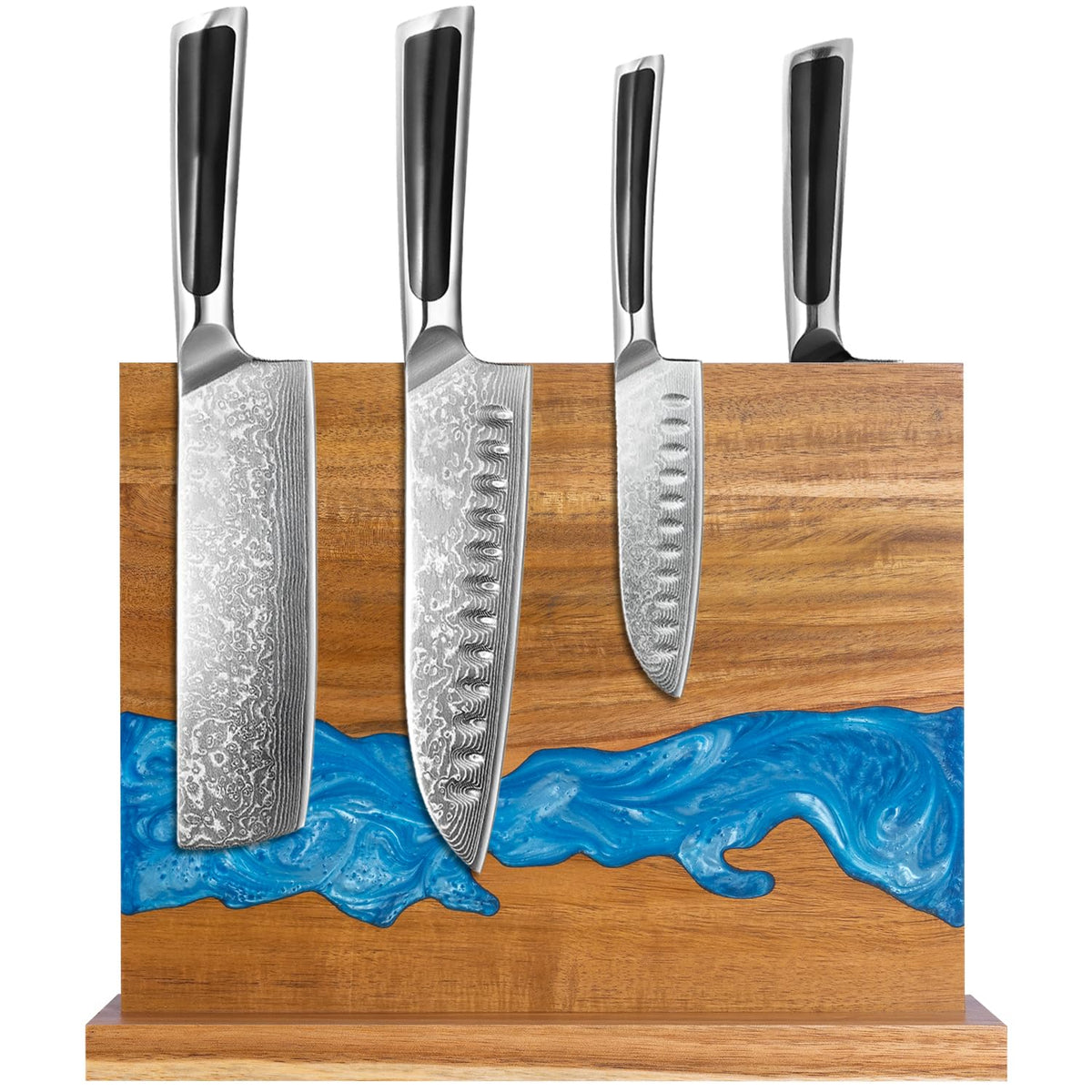 minyuexia soporte-cuchillos-imán-acacia-resina-azul-río, almacenamiento seguro y elegante en la cocina.
