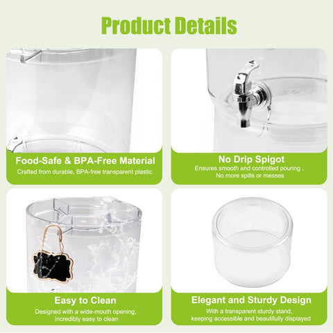 Dispenser MiraFure de plástico transparente libre de BPA para bebidas seguras.