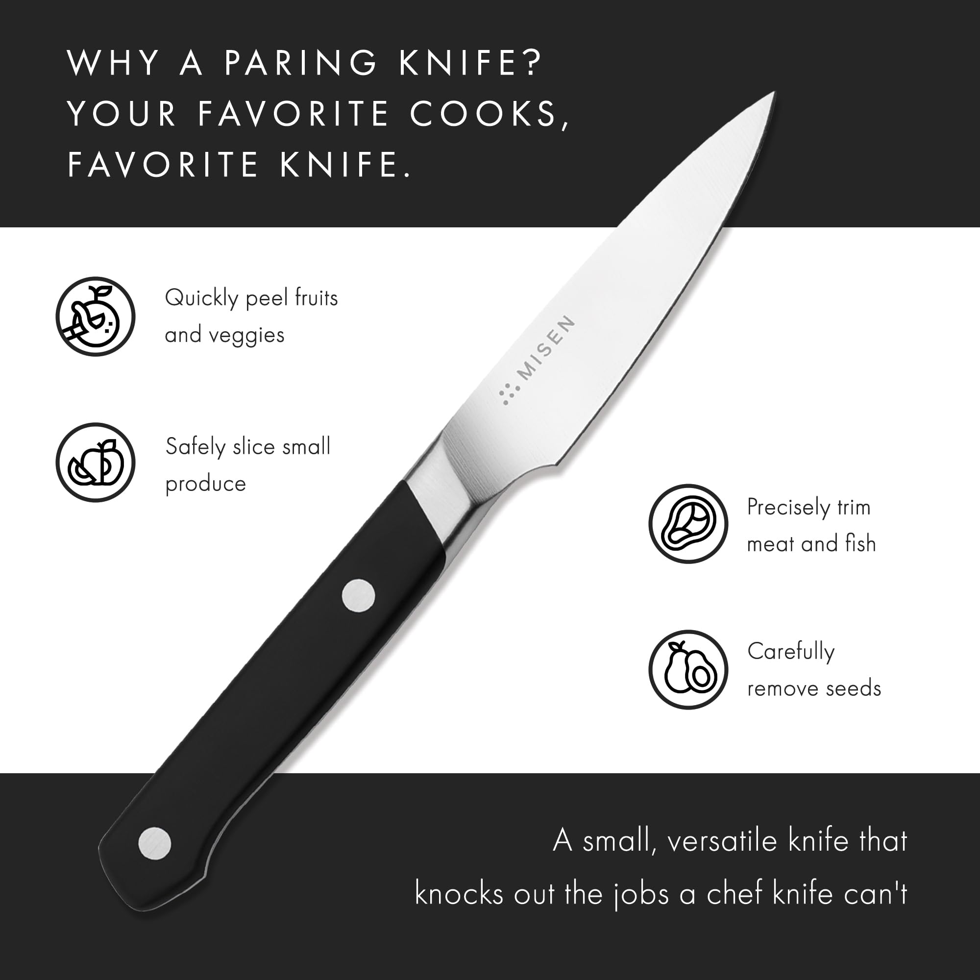 Cuchillo Misen para desvenar camarones con detalle limpio.