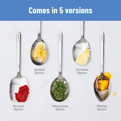 Misen Scraper Chef Spoon sirve directamente en la mesa con acabado elegante.