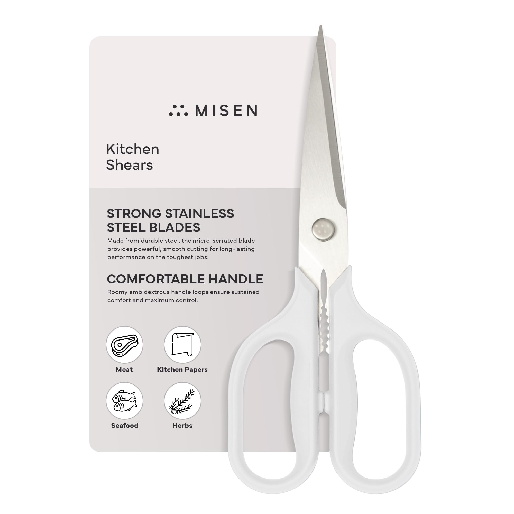 Tijeras Misen con filo micro serrado para cortes precisos en la cocina