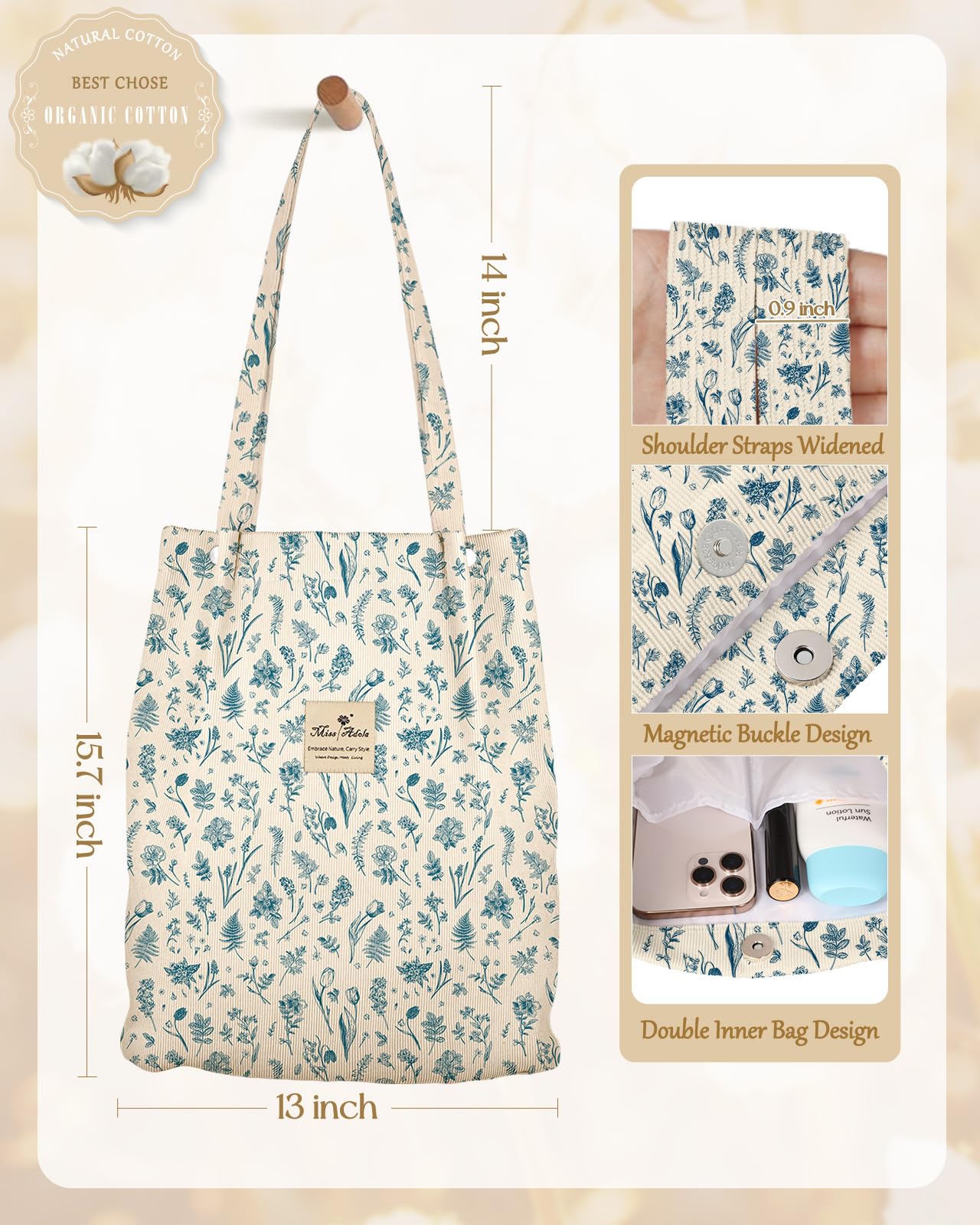 Miss Adola bolso corduroy, gran capacidad para compras y viajes.