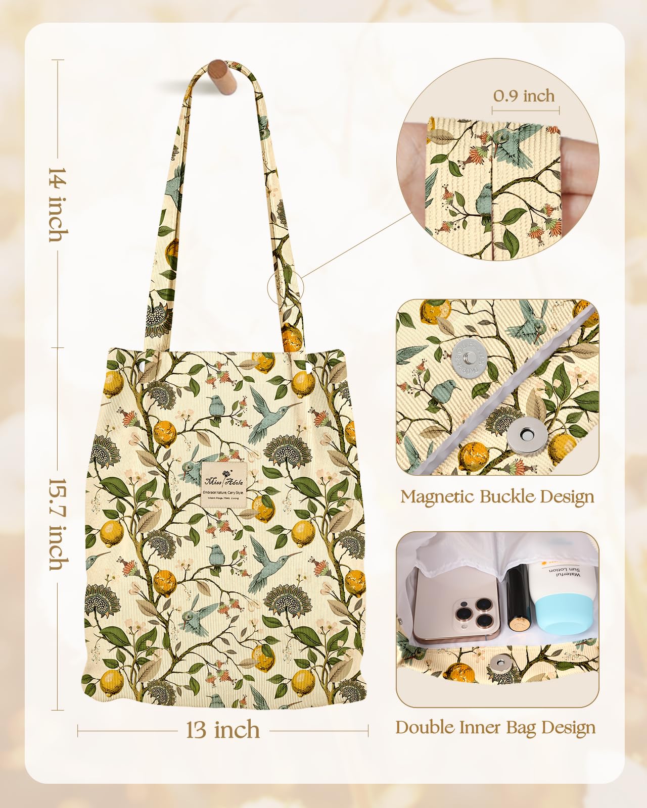 Miss Adola bolso pana tote bolsillo interior para llaves y billetera.