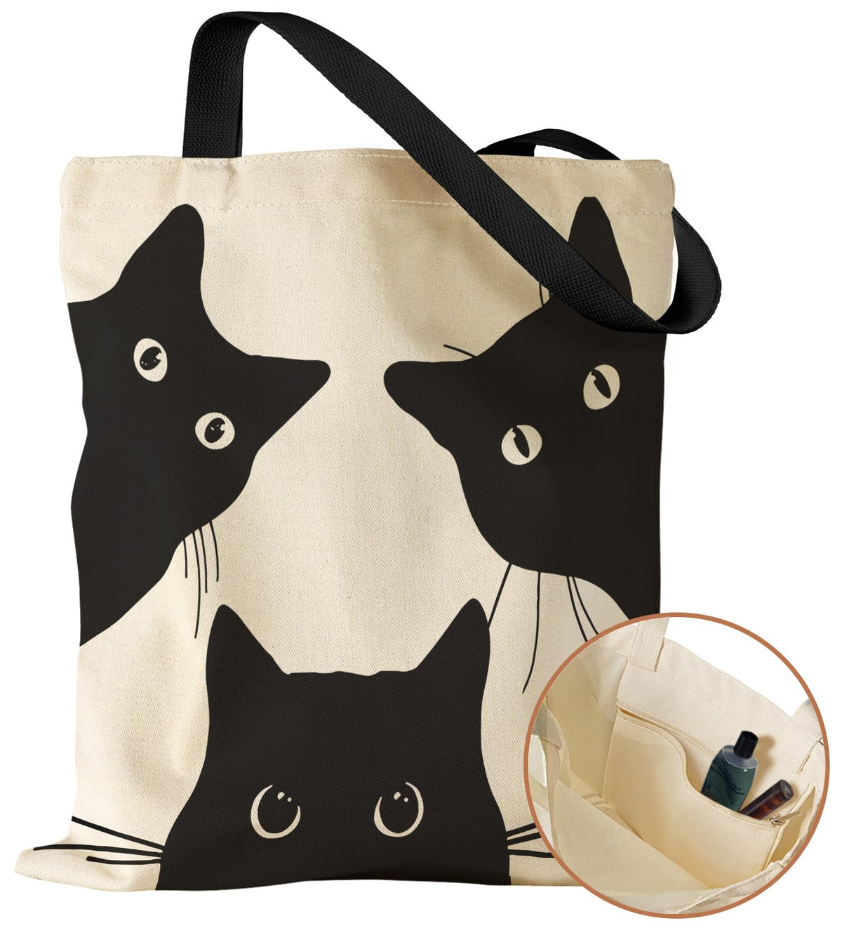 Miss Adola: bolso tote canvas con diseño tres gatos negros para uso diario