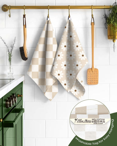 Miss Adola, toallas beige con cuadros para secar vajilla sin dejar pelusa.