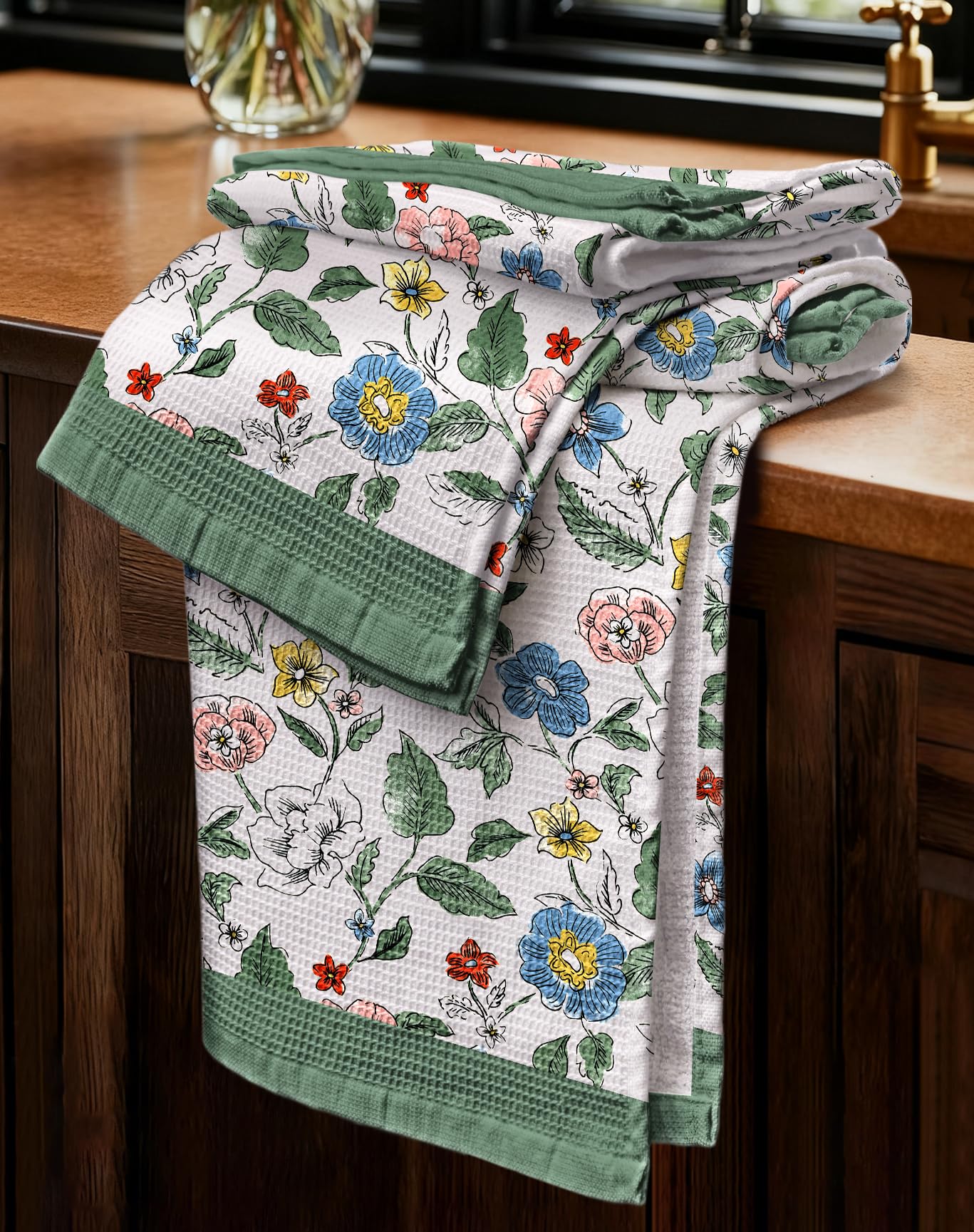 Miss Adola toallas cocina con tejido gofrado hojas y flores, absorben y secan superficies