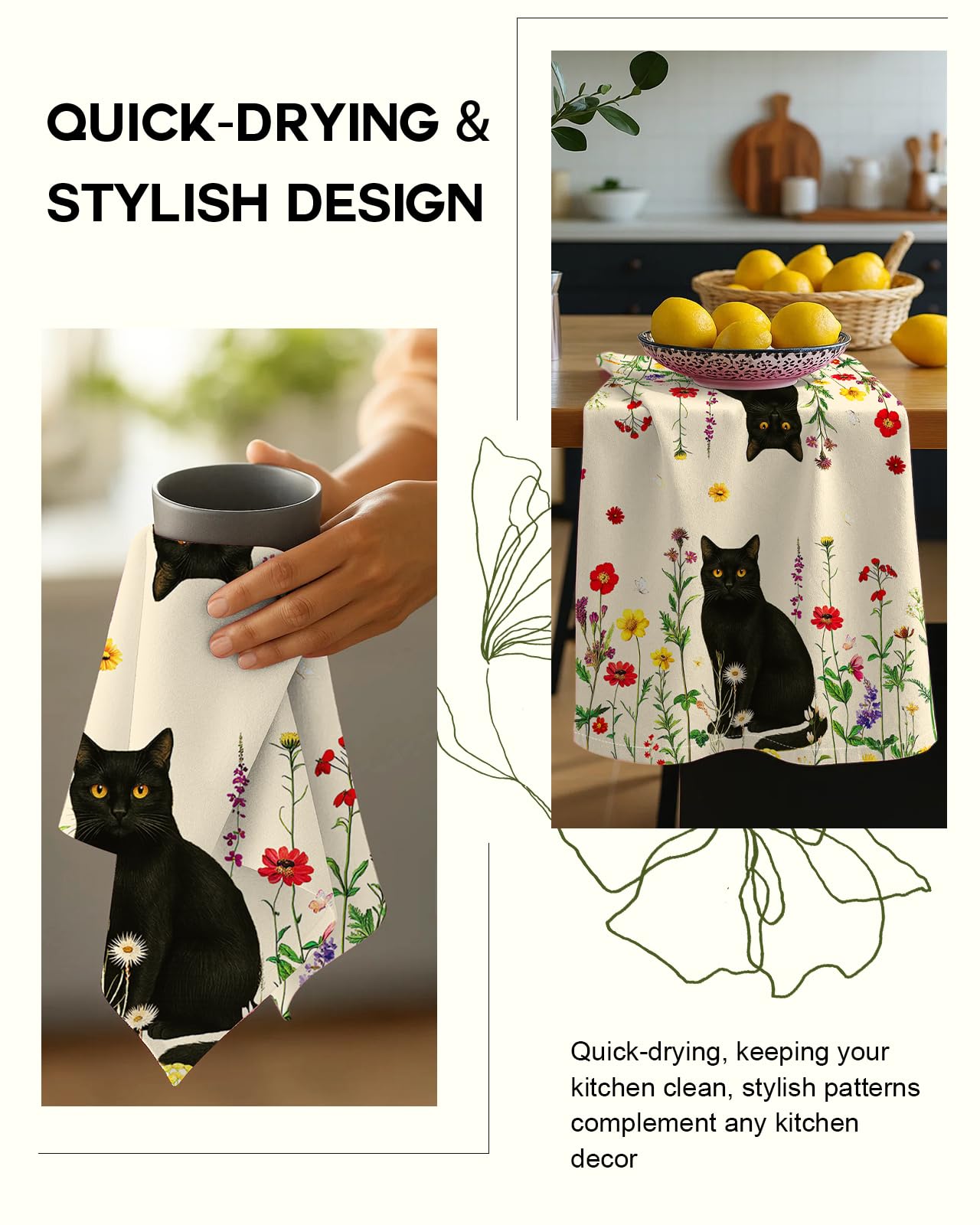 Miss Adola toallas floral gatos retro, estilo práctico para la cocina.