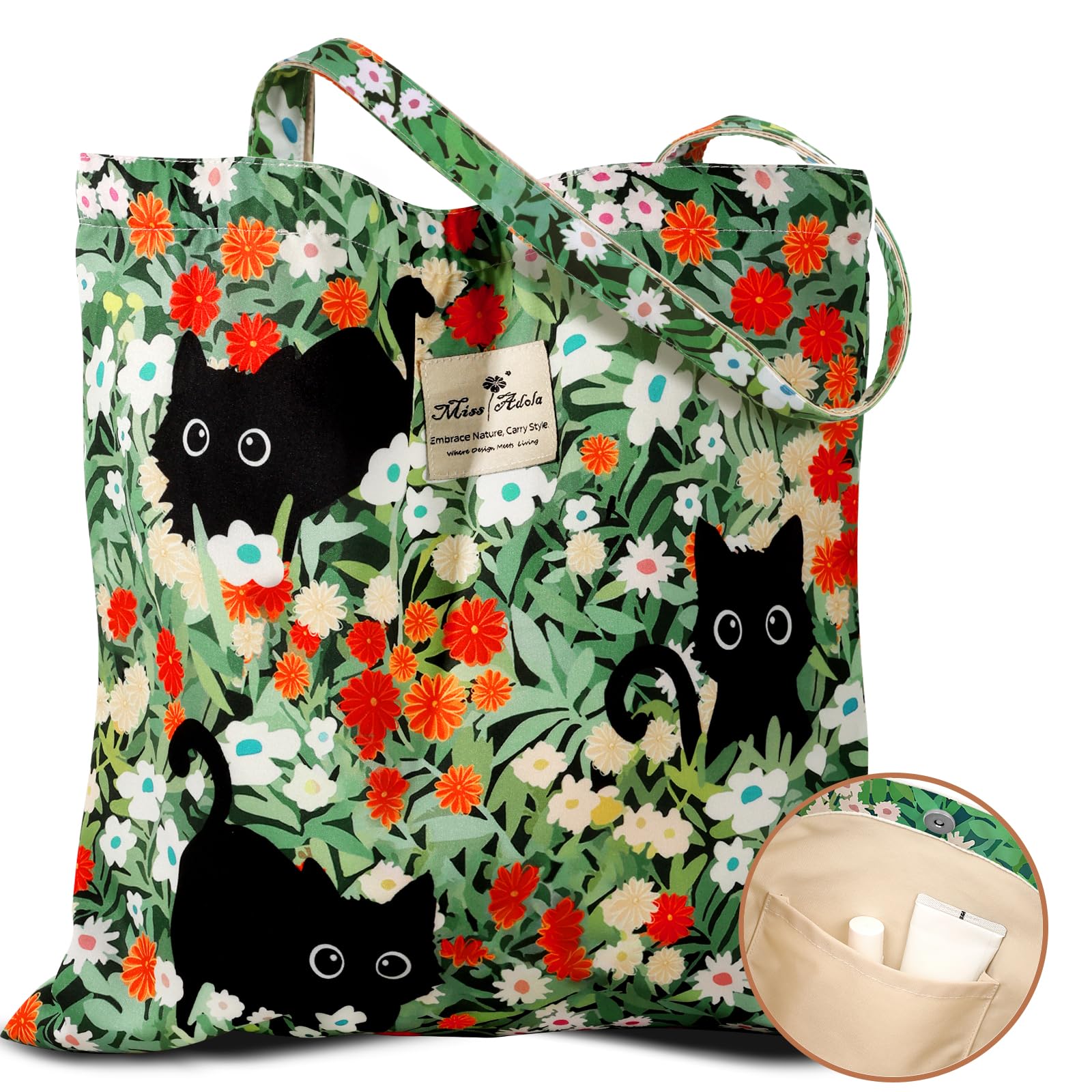 Miss Adola tote de algodón verde con tres gatos, ideal para compras sostenibles.