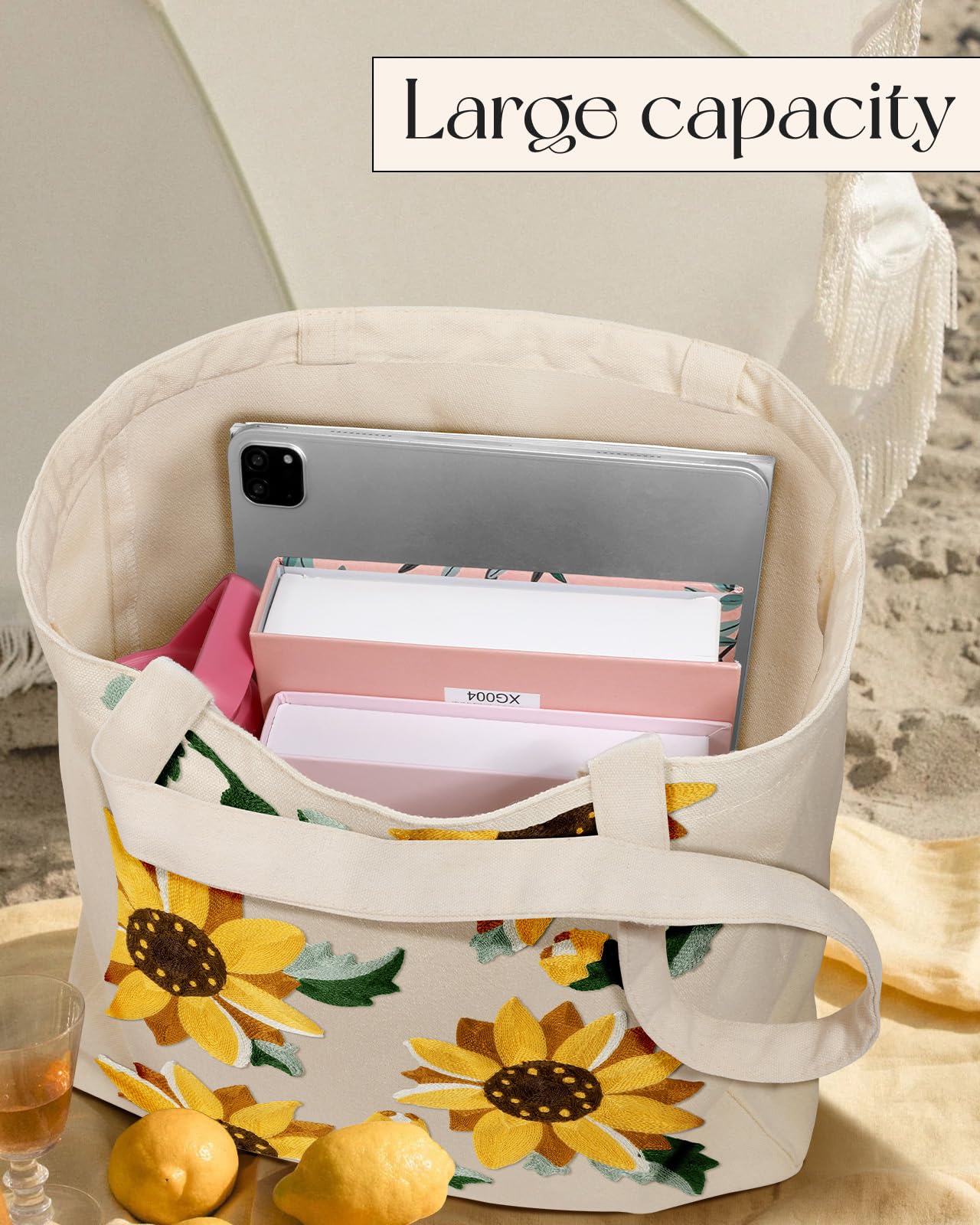 Miss Adola tote para trabajo y compras, bordado girasol