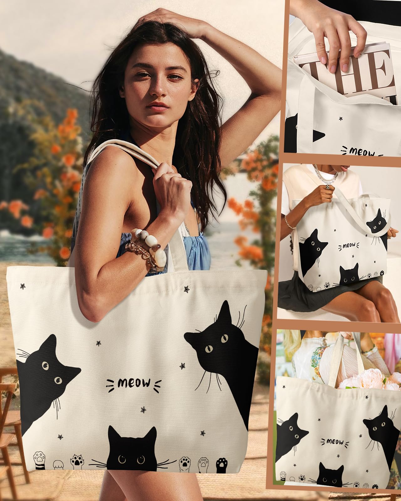 Miss Adola Tote gráfico de tres gatos negros, estilo único para regalos.