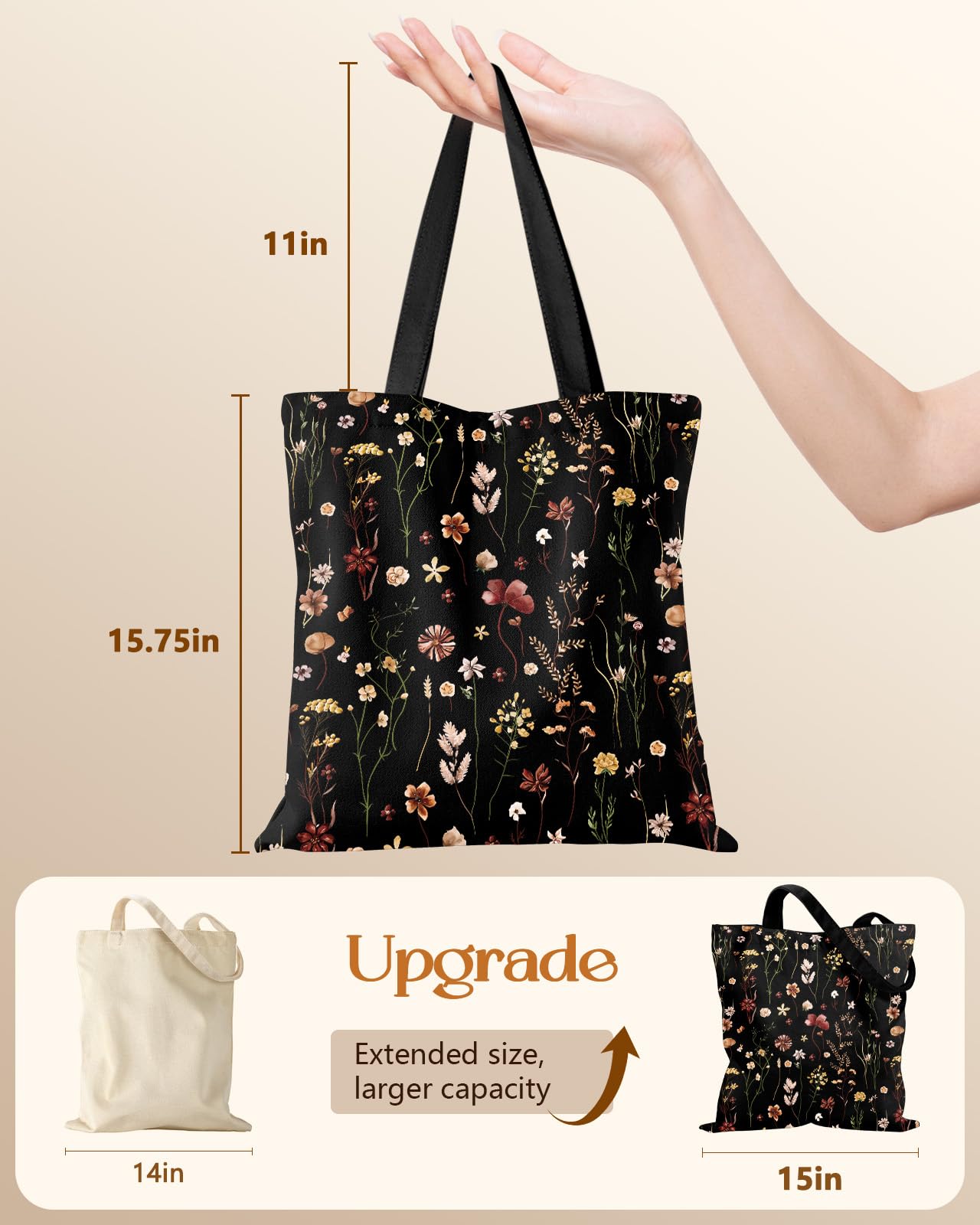 Miss Adola tote de lona negro, dimensiones aproximadamente 38x40 cm, ideal para libros y compras.